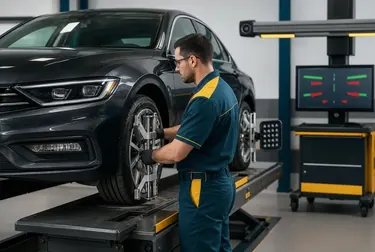 Profissional ajustando o alinhamento de rodas em um veículo.