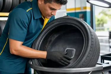 Profissional consertando pneus em uma borracharia.