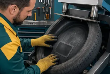 Profissional fazendo vulcanização em um pneu.