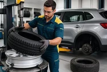 Profissional realizando a troca de pneus em um veículo.