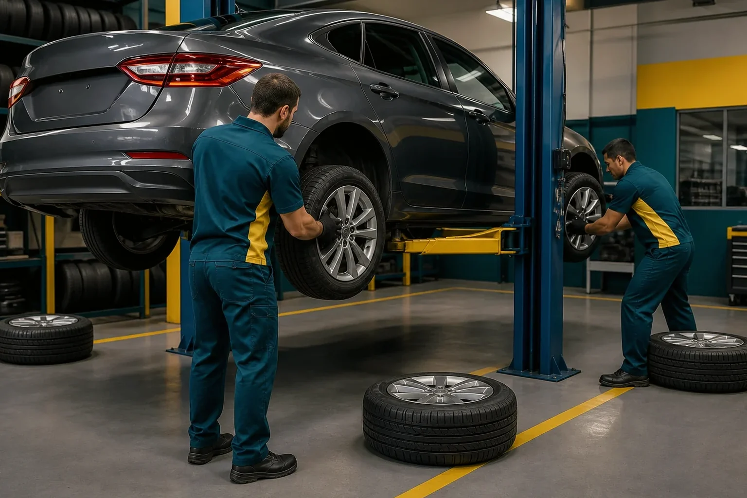 Profissional realizando rodízio de pneus em um veículo.